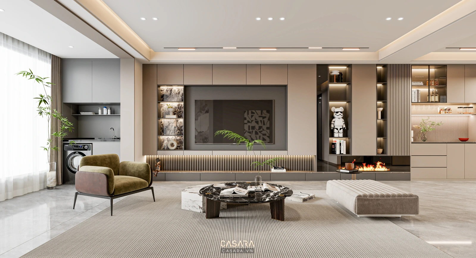 mẫu thiết kế phòng khách đẹp sang trọng với sofa cao cấp bàn trà đá và thảm lớn