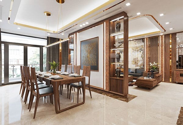 Thi công nội thất nhà với phòng khách bếp và hệ tủ gỗ công nghiệp đồng bộ