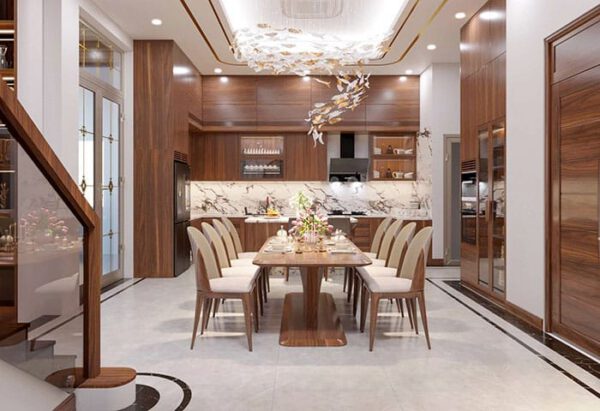 Phòng bếp - ăn sang trọng với nội thất gỗ nâu ấm cúng.