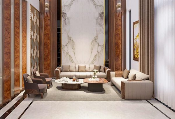 Phòng khách sang trọng với nội thất hiện đại, tông màu trung tính ấm áp.