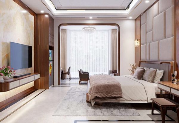 Phòng ngủ sang trọng, hiện đại với tông màu trung tính ấm áp.