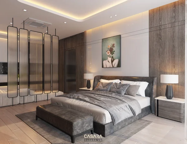 Phòng ngủ hiện đại, sang trọng với tông màu trung tính ấm áp.