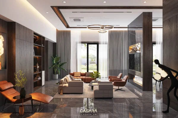 Phòng khách hiện đại, sang trọng với nội thất tinh tế, ánh sáng ấm áp.