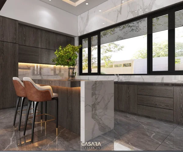 Nhà bếp hiện đại, sang trọng với đảo bếp và cửa sổ lớn.