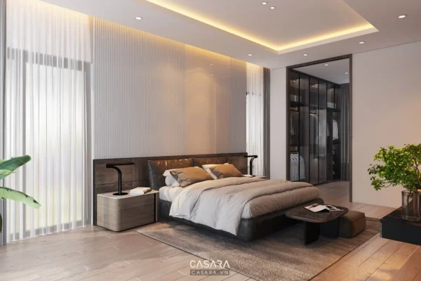 Phòng ngủ tối giản, sang trọng với ánh sáng dịu nhẹ, ấm áp.