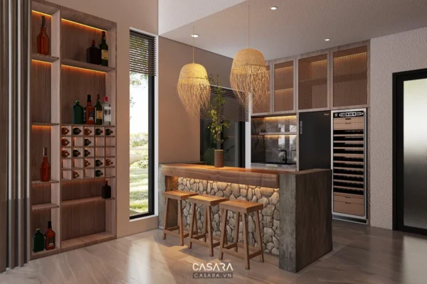 Phòng bếp hiện đại với quầy bar và kệ rượu sang trọng.