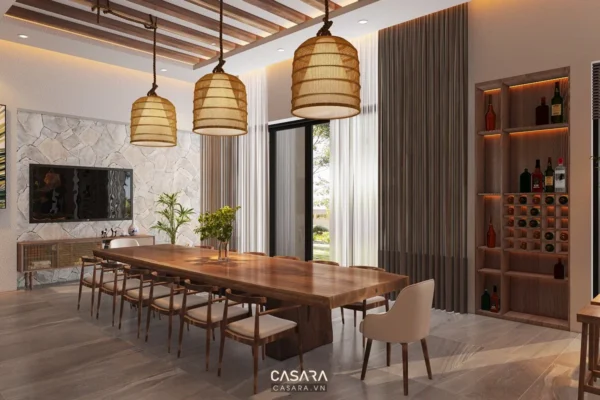 Phòng ăn hiện đại, ấm cúng với nội thất gỗ và ánh sáng tự nhiên.