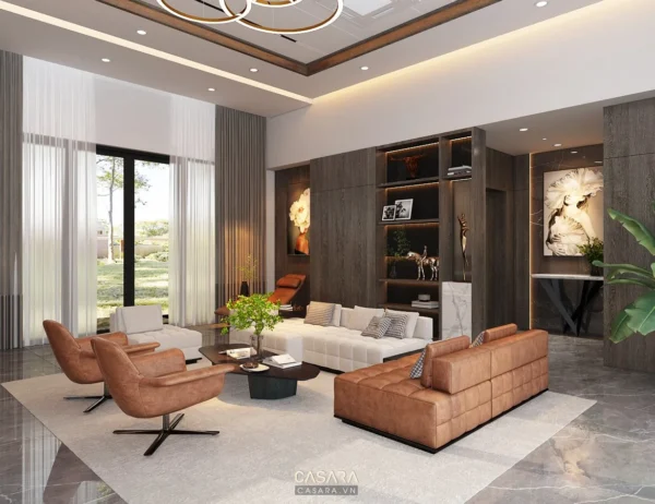 Phòng khách hiện đại, sang trọng với nội thất tinh tế, ánh sáng ấm áp.