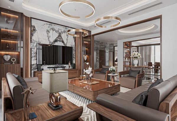 Phòng khách hiện đại, sang trọng với nội thất gỗ và tông màu ấm áp.