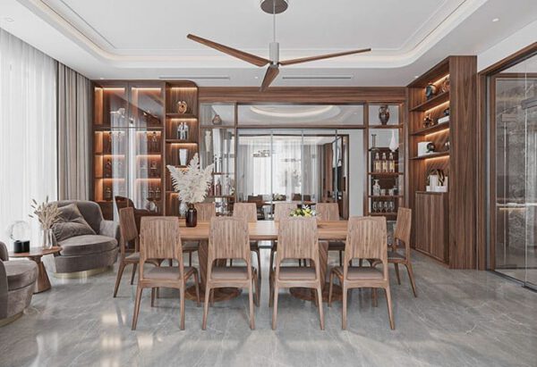 Phòng ăn hiện đại, sang trọng với nội thất gỗ ấm cúng.