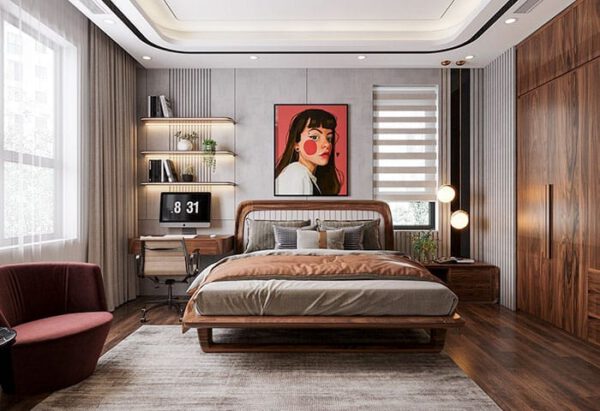 Phòng ngủ hiện đại, ấm cúng với tông màu gỗ và điểm nhấn nghệ thuật.