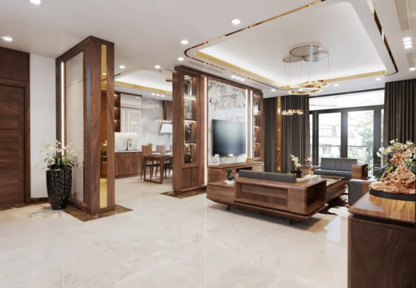 Phòng khách hiện đại, sang trọng với thiết kế nội thất gỗ tinh tế.