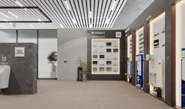Không gian showroom thiết bị vệ sinh hiện đại, sang trọng.