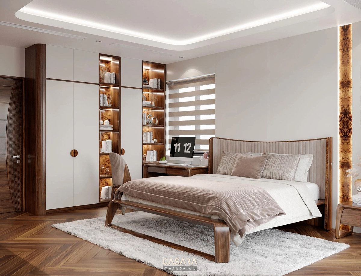 trang trí tường phòng ngủ đẹp với mảng tường pastel tranh treo và đèn ngủ ấm
