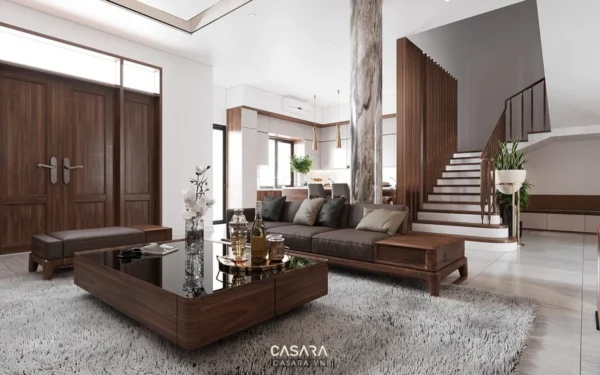 Phòng khách hiện đại với gỗ óc chó, sofa da, và bàn kính đen.