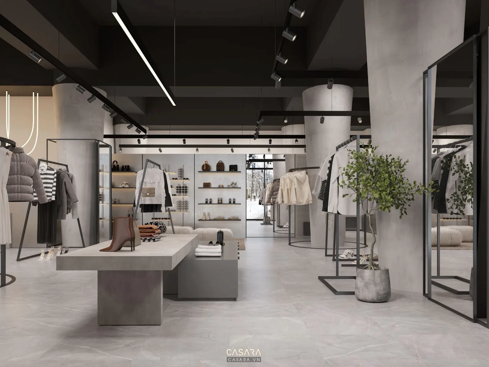 Không gian shop cao cấp với kệ gỗ sáng và sản phẩm trưng bày thưa