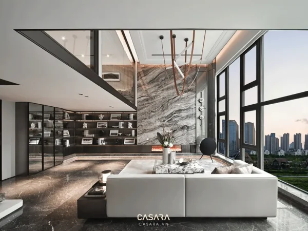 Phòng khách hiện đại, sang trọng với view thành phố rộng mở.