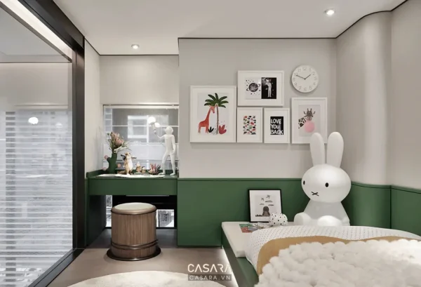 Phòng ngủ trẻ em hiện đại, tươi sáng với chú thỏ trắng lớn.