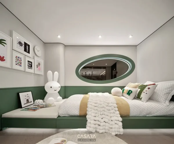 Phòng ngủ trẻ em thiết kế hiện đại, tươi sáng với gam màu xanh lá chủ đạo.