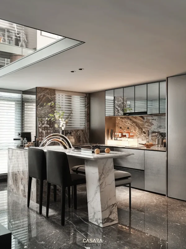 Phòng bếp hiện đại, sang trọng với tông màu xám chủ đạo.