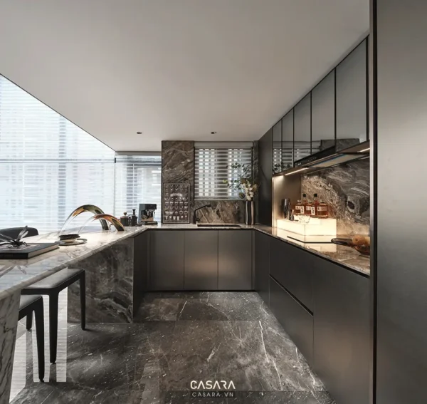 Phòng bếp hiện đại, sang trọng với tông màu xám chủ đạo.