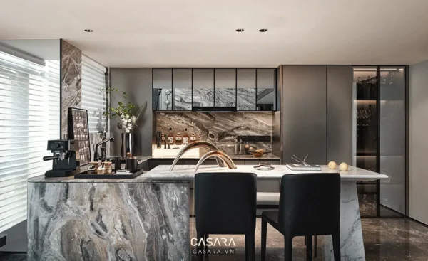 Phòng bếp hiện đại, sang trọng với tông màu xám chủ đạo.