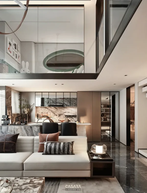 Không gian phòng khách hiện đại, sang trọng với tông màu trung tính ấm áp.