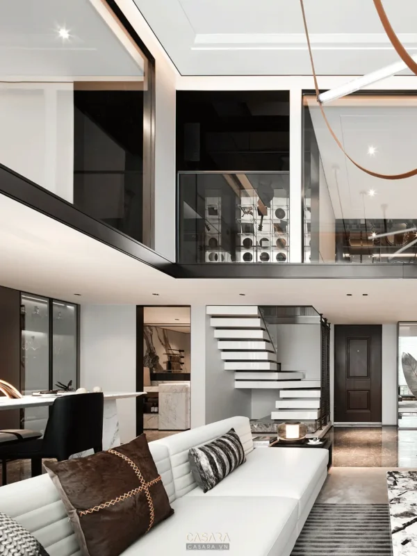 Nội thất phòng khách hiện đại, sang trọng với thiết kế thông tầng.