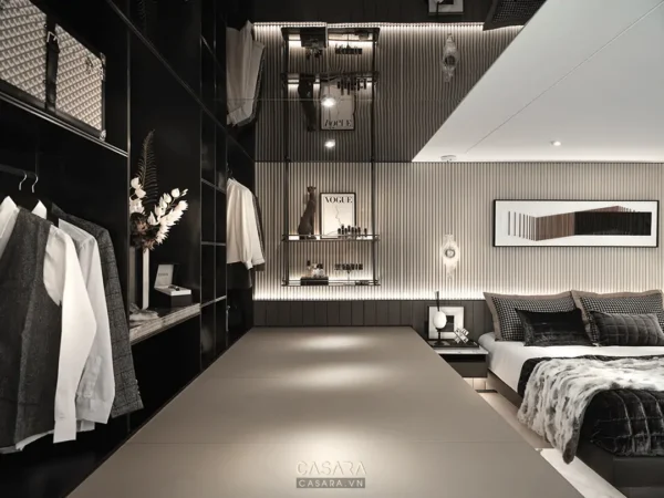 Phòng ngủ hiện đại, sang trọng với tông màu đen trắng chủ đạo.