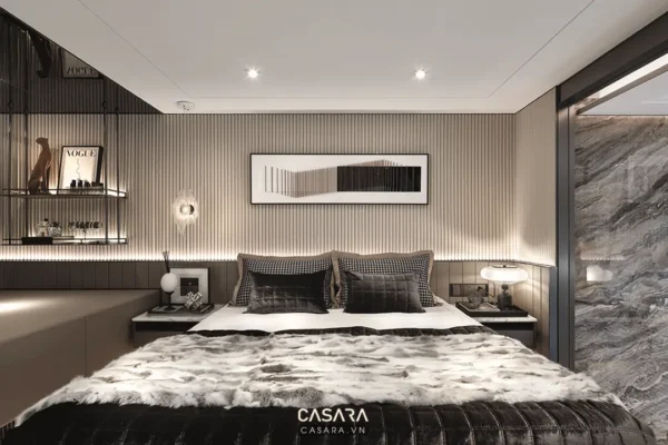 Phòng ngủ sang trọng, hiện đại với tông màu trung tính ấm áp.