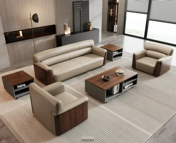 Phòng khách hiện đại với bộ sofa da và nội thất gỗ sang trọng.