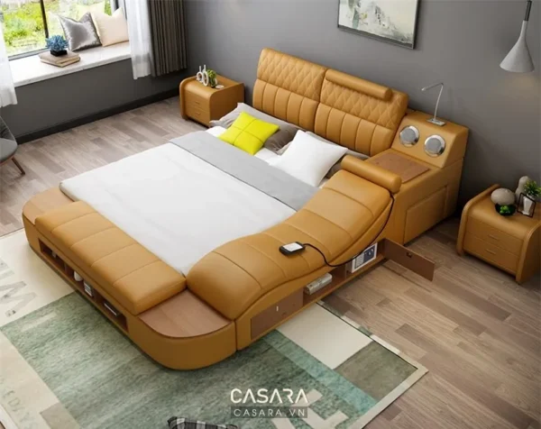 Giường ngủ hiện đại, sang trọng với thiết kế độc đáo, màu vàng nâu ấm áp.