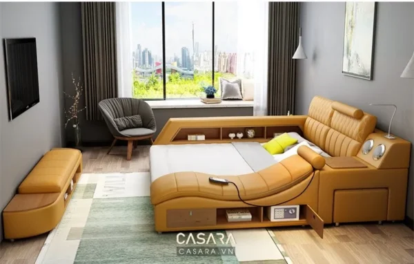 Phòng ngủ hiện đại với bộ sofa giường da màu nâu sang trọng.
