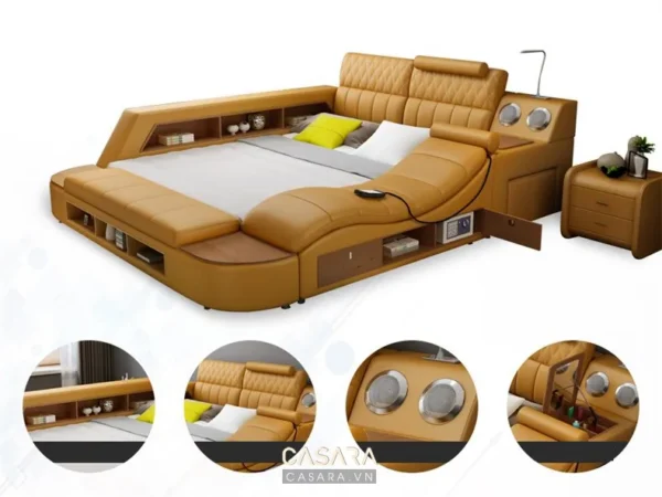 Giường ngủ hiện đại, thiết kế sang trọng với đèn LED và hộc tủ tích hợp.