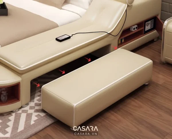 Bộ sofa da cao cấp màu kem, thiết kế hiện đại, tích hợp tiện ích.