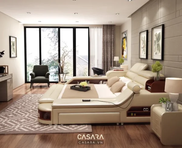 Phòng ngủ sang trọng với giường da lớn, cửa kính đón ánh sáng tự nhiên.