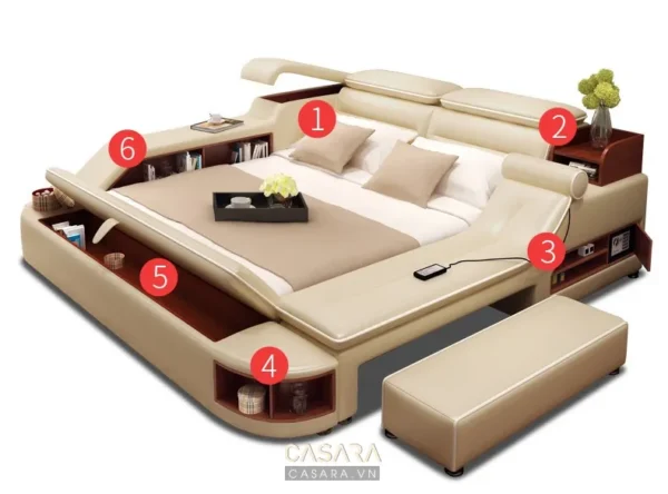 Giường ngủ hiện đại, tích hợp nhiều tiện ích như kệ, đèn và ngăn chứa đồ.