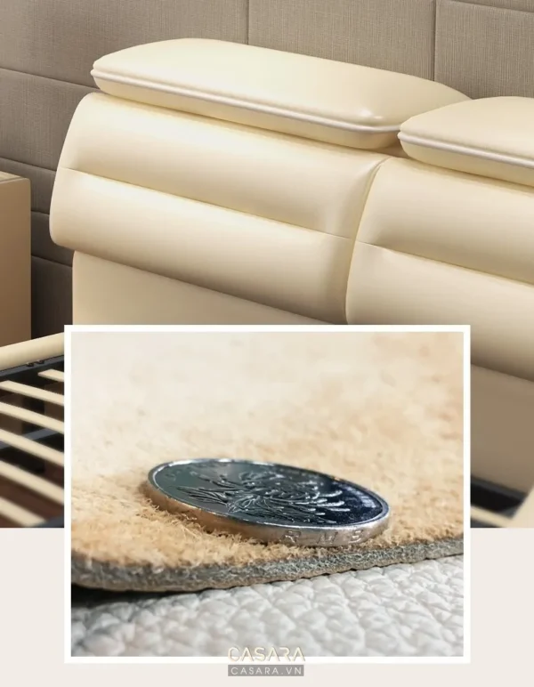 Góc nhìn cận cảnh chi tiết phần tay vịn sofa da cao cấp, sang trọng.