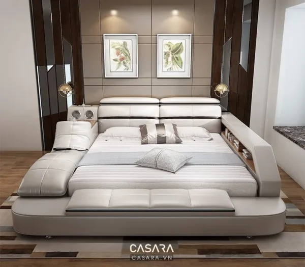 Giường ngủ hiện đại, sang trọng với thiết kế tinh tế và màu sắc trung tính.