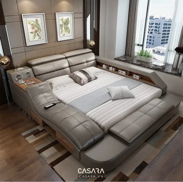 Phòng ngủ sang trọng với giường lớn màu xám hiện đại.