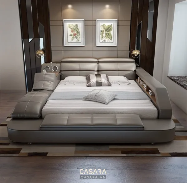 Giường ngủ hiện đại, sang trọng với thiết kế tinh tế và màu sắc trung tính.