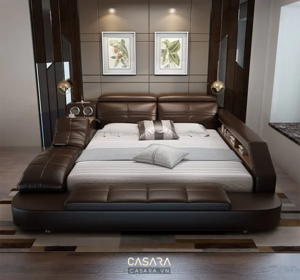 Phòng ngủ sang trọng với giường da lớn và tranh treo tường tinh tế.