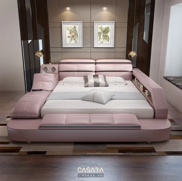 Giường ngủ hiện đại màu hồng phấn, thiết kế sang trọng và tinh tế.