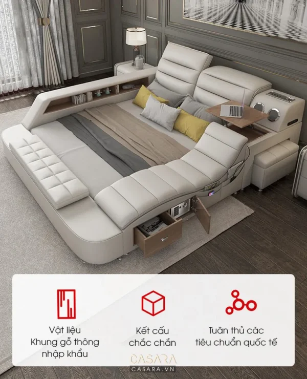 Giường ngủ hiện đại, sang trọng với thiết kế tinh tế và màu sắc hài hòa.