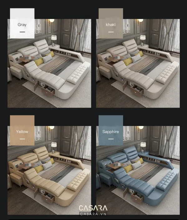 Bốn mẫu giường ngủ hiện đại với các màu sắc khác nhau.