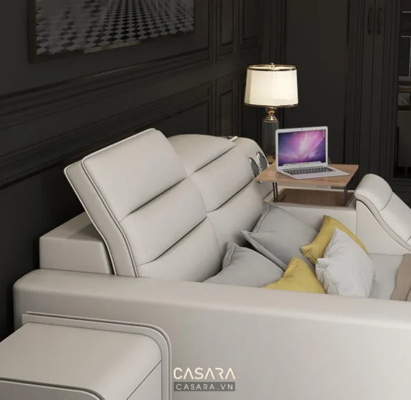 Góc phòng khách hiện đại với ghế sofa da trắng tinh tế.