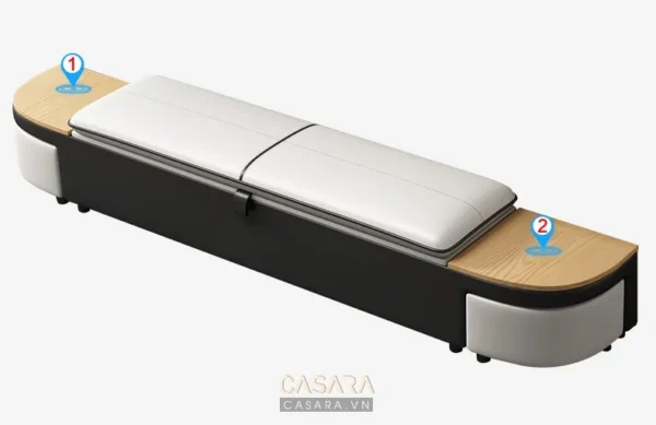 Giường hộp đa năng, thiết kế hiện đại, màu trắng và vân gỗ tinh tế.