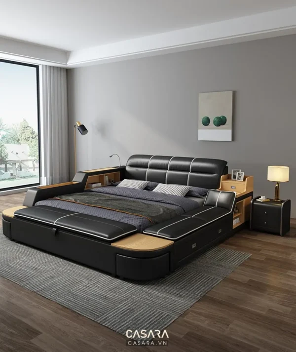 Phòng ngủ hiện đại với giường đen da sang trọng, tinh tế.