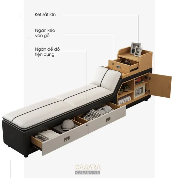 Giường đa năng tích hợp nhiều ngăn chứa đồ tiện lợi, hiện đại.