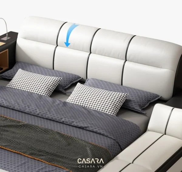 Ghế sofa góc hiện đại, trắng tinh tế, có cơ chế nâng hạ thông minh.